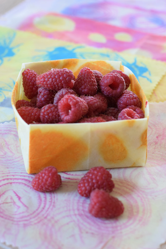 beeswax wrap jelly printed made into origami box containing raspberries