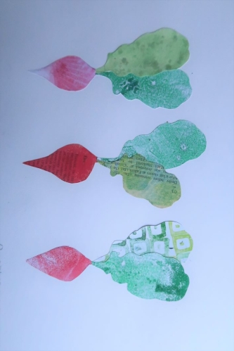 collage of radishes with hand printed paper