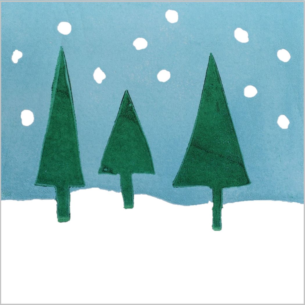 Simple reduction lino print of trees and snow