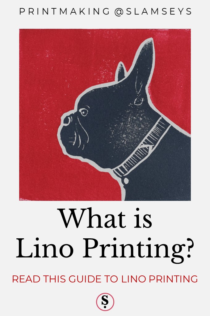 what is lino printing text below lino print of grey dog on red background